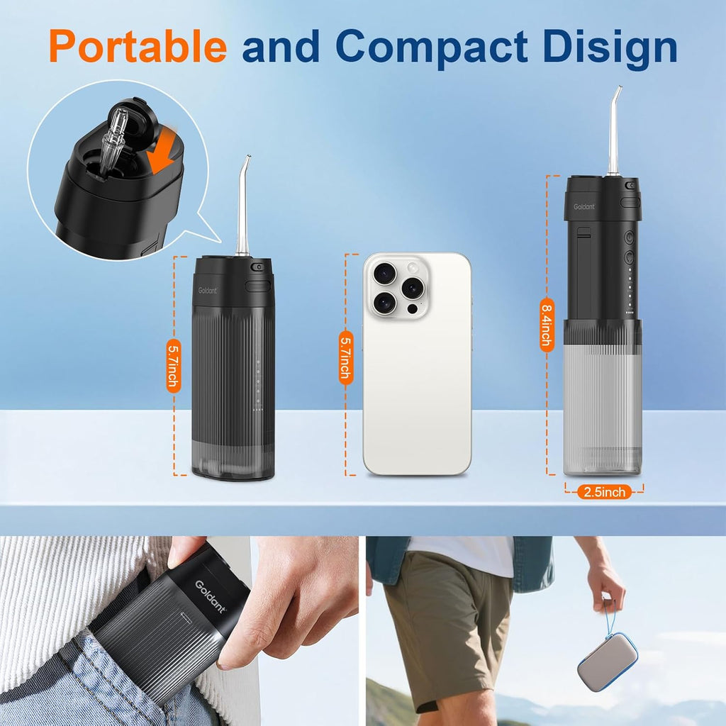Portable Water Flosser for Teeth with Exquisite Travel Case, Cordless Rechargeable Mini Oral Irrigator with Removable Tank, IPX7 Waterproof, 4 Modes & 4 Jet Tips for Tooth Cleaning (Black)