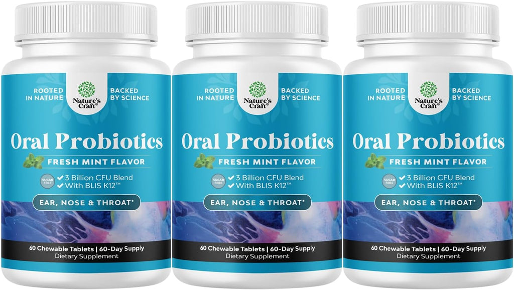 Oral Probiotics for Teeth and Gums - Minty Fresh BLIS K12 Oral Probiotics for Mouth Bad Breath Dry Mouth and Dental Health Support with 3 Billion CFU - Chewable Xylitol Lozenges Mint Flavor (3 Pack)