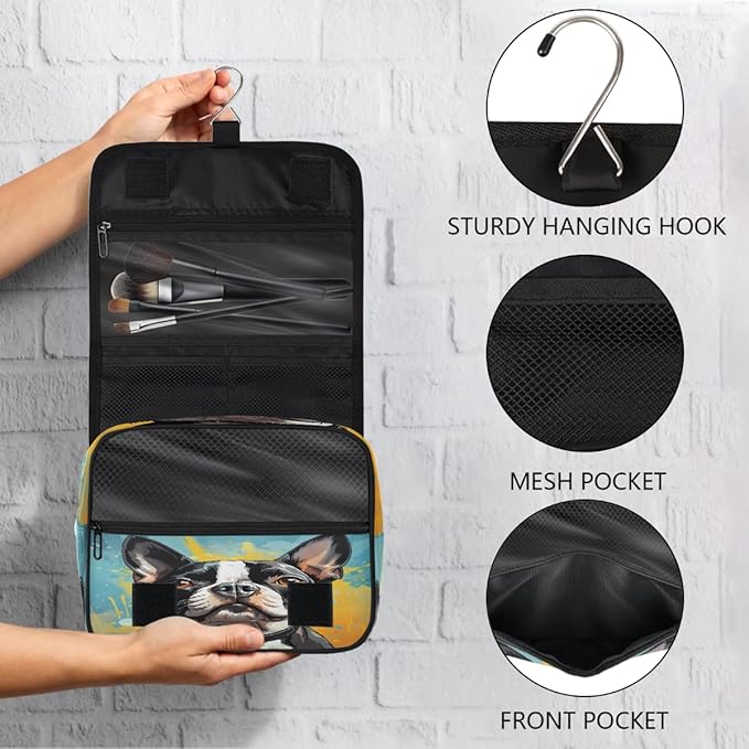 Hanging Toiletry Bag for Women Men Travel Boston Terrier Dog Art Painting Makeup Organizer with Compartments, Waterproof Portable Cosmetic Bag with Hook and Handle