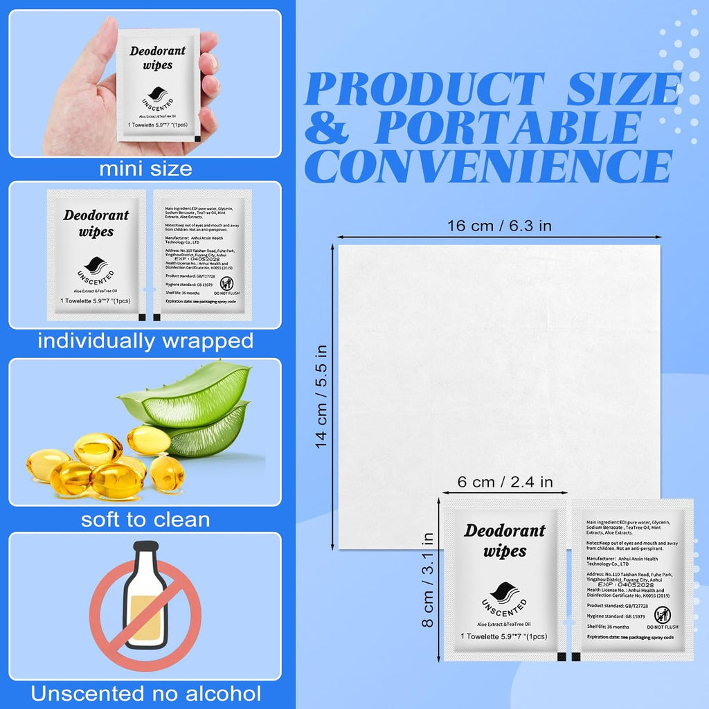 Travel Deodorant Wipes Individually Wrapped,Body Wipes to Clean Skin for Women Men（Unscented,pack of 100)