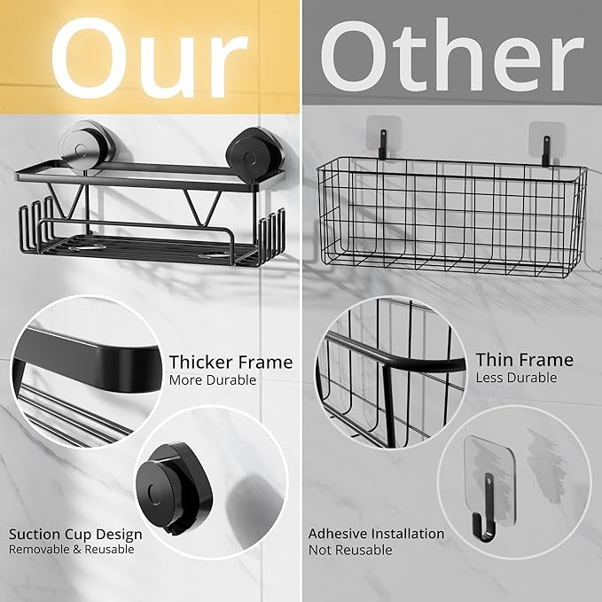 KEGII Shower Caddy Suction Cup with Hooks, Large Capacity Shower Suction Shelf, Heavy Duty Bathroom Organizer, No Drilling Stainless Steel Shampoo Holder for Bathroom Storage, Black