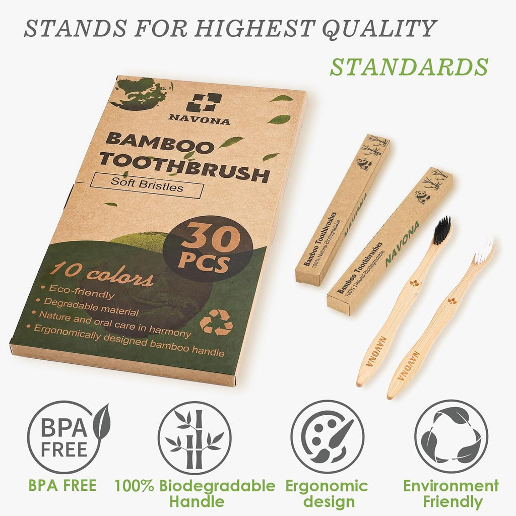 Navona 30 PCS Bamboo Toothbrushes, BPA Free Soft Bristles Toothbrush for Adults, Box of Two Kids Bamboo Toothbrushes Pack, Eco-Friendly Natural Wooden Toothbrush Bulk