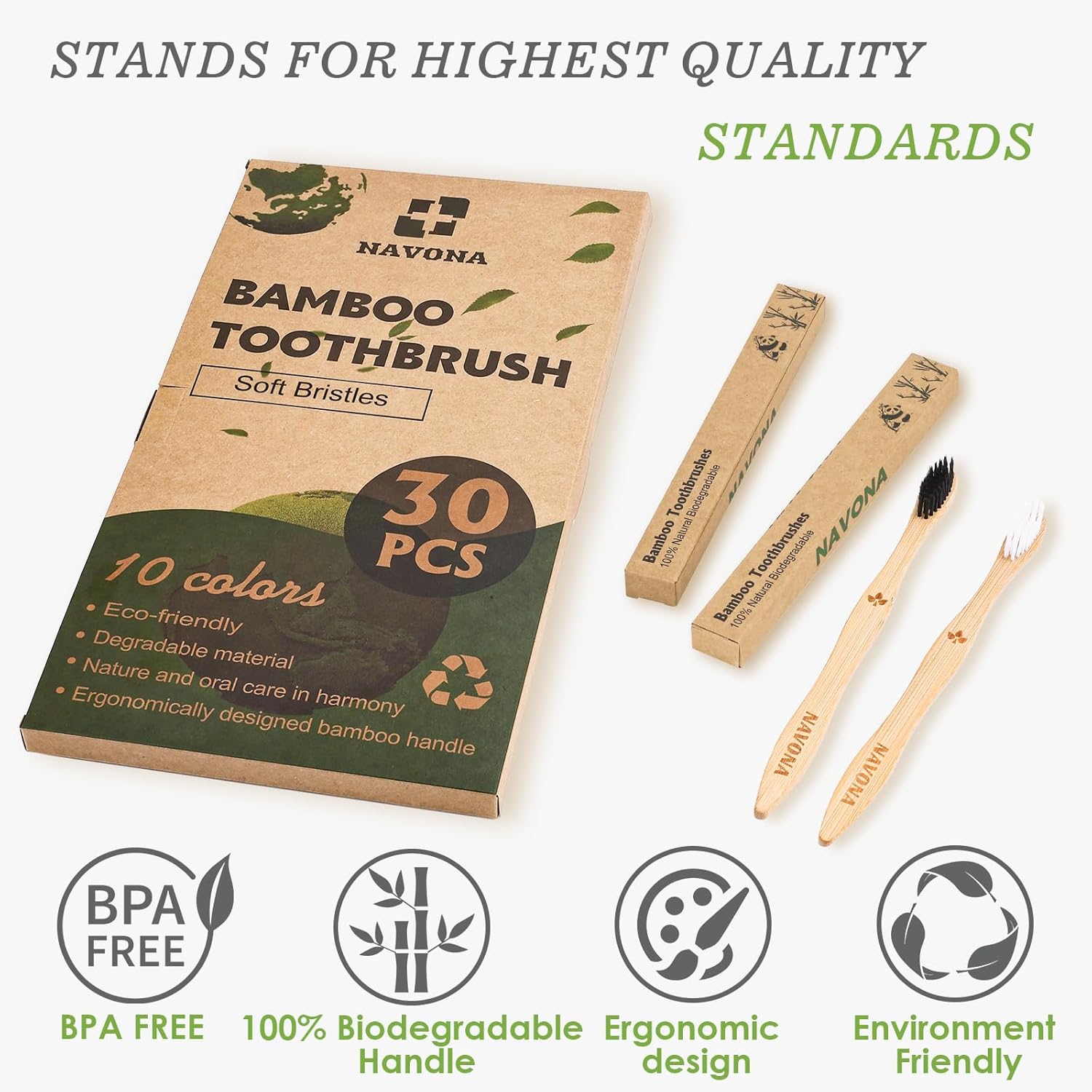Navona 30 PCS Bamboo Toothbrushes, BPA Free Soft Bristles Toothbrush for Adults, Box of Two Kids Bamboo Toothbrushes Pack, Eco-Friendly Natural Wooden Toothbrush Bulk