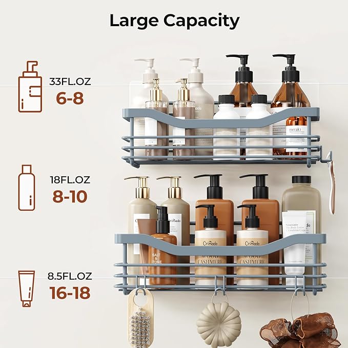 Orimade Shower Caddy Basket Shelf Storage Rack, No Drilling Wall Mounted Adhesive Rust Proof Stainless Steel Shower Organizer with 5 Hooks for Bathroom, Light Blue Grey 2 Pack