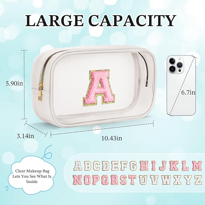 YOOLIFE Initial Make Up Bag Travel Toiletry Bag, Clear Makeup Bag Preppy Cosmetic Bag Travel Essentials Gifts for Women Teen Girlfriend Teacher Mom Birthday Daughter Gifts Swim Gifts For Girls White G