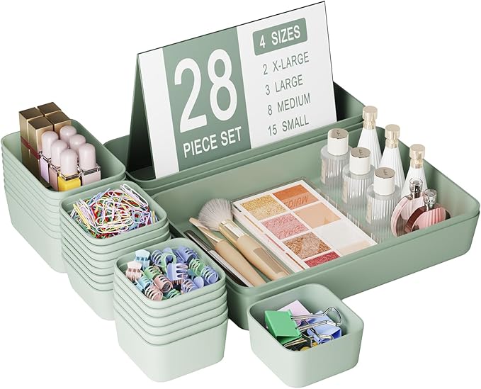 28 pcs Desk Drawer Organizer Tray, Multiple Sizes Plastic Drawer Organizer Storage, Stackable Organizer Containers For Makeup, Bedroom, Kitchen Gadgets Utensils and Office
