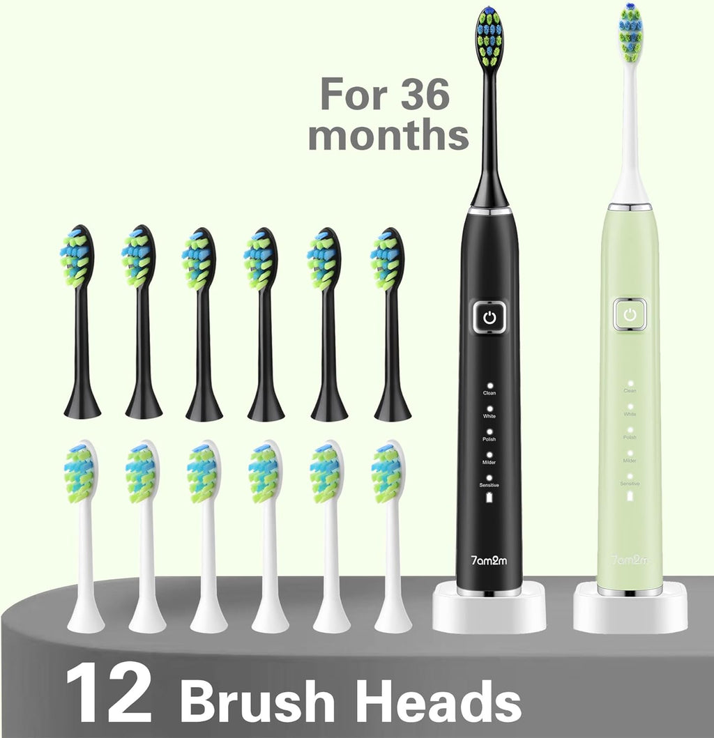 7AM2M Sonic Electric Toothbrush with 6 Brush Heads for Adults and Kids, One Charge for 90 Days, Wireless Fast Charge, 5 Modes with 2 Minutes Built in Smart Timer, Electric Toothbrushes(Green+Black)