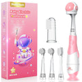 Toddler Electric Toothbrush Kids Age 1-2-3 Years Old, Infants & Baby Electric Toothbrush with Finger Tooth Brush, Cute Cover, LED Light, 2 Minutes Timer, 4 Brush Heads, Suction Cup (Pink Astronaut)