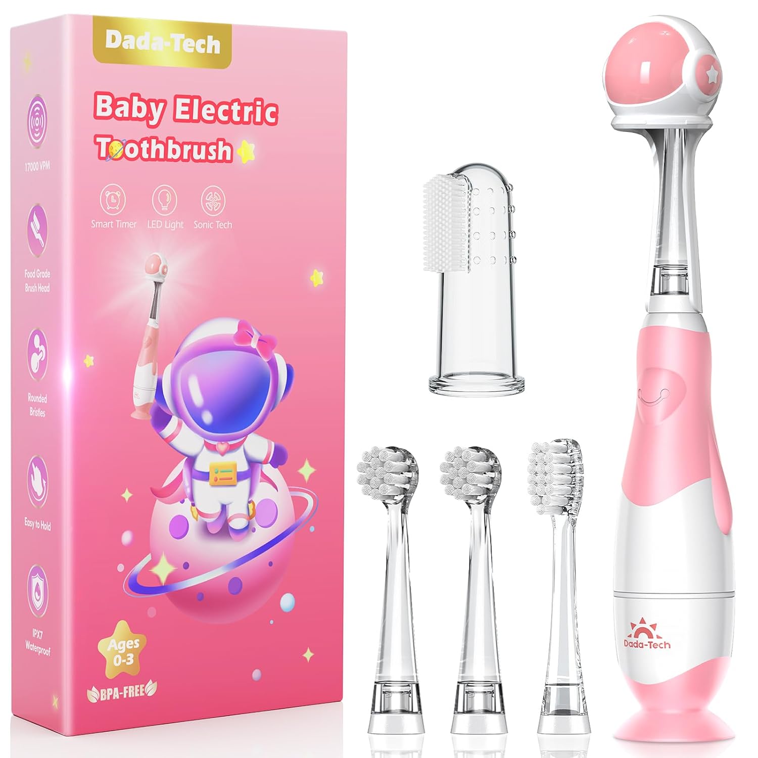 Toddler Electric Toothbrush Kids Age 1-2-3 Years Old, Infants & Baby Electric Toothbrush with Finger Tooth Brush, Cute Cover, LED Light, 2 Minutes Timer, 4 Brush Heads, Suction Cup (Pink Astronaut)