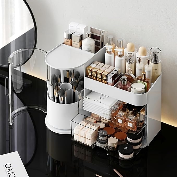 Makeup Organizer with Rotating Brush Holder Cosmetic Organizer with Drawers Countertop Skincare Organizer for Vanity,Cosmetic Display Case Storage (White, Large)