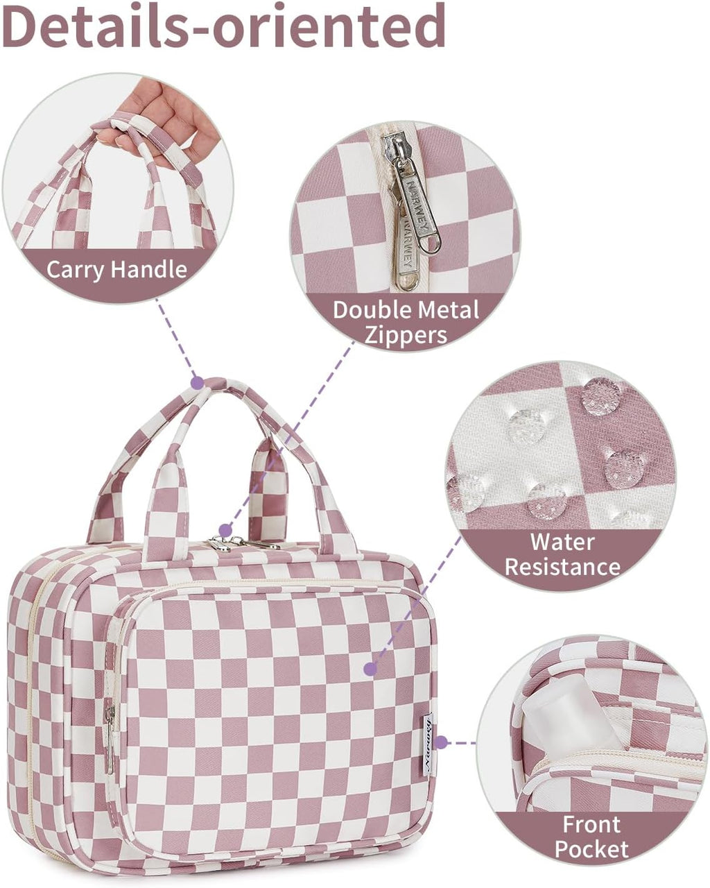 Narwey Hanging Toiletry Bag for Women Travel Makeup Bag Organizer Toiletries Bag for Travel Size Essentials Accessories Cosmetics (Dusty Pink Checkerboard (Medium))