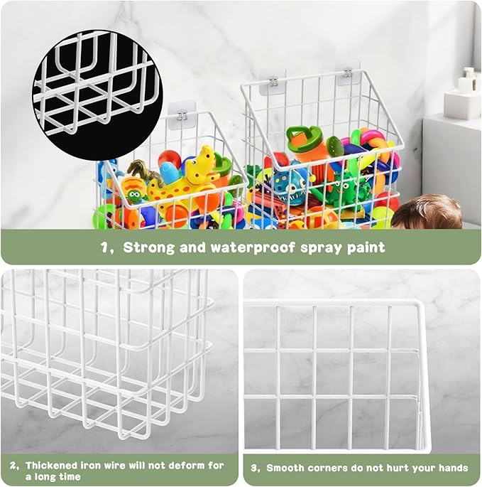 2 Pack Bath Toy Storage Organizer Basket, Large Metal Bathtub Toy Holder, Wall Mounted Hanging Shower Basket, Bath Toy Organizer For Bathtub for Easy Access and Sorting Toys/Clothes/Toiletries