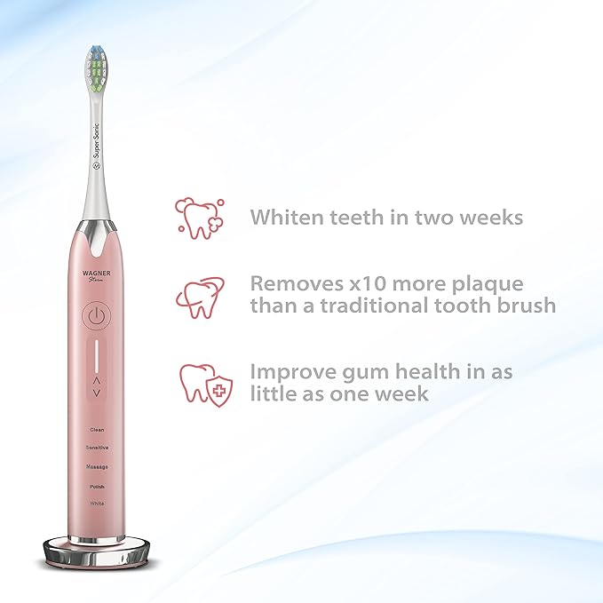 Wagner Stern Ultrasonic whitening Toothbrush with Pressure Sensor. 5 Brushing Modes and 4 Levels of Intensity, 8 Soft bristles, Travel case.