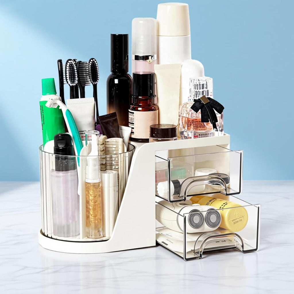 Toothbrush Holders for Bathrooms, Rotating Bathroom Countertop Organizer with 2 Drawers, Tooth Brush Toothpaste Holder, Bathroom Counter Organizer Caddy for Vanity Makeup Brush Holder