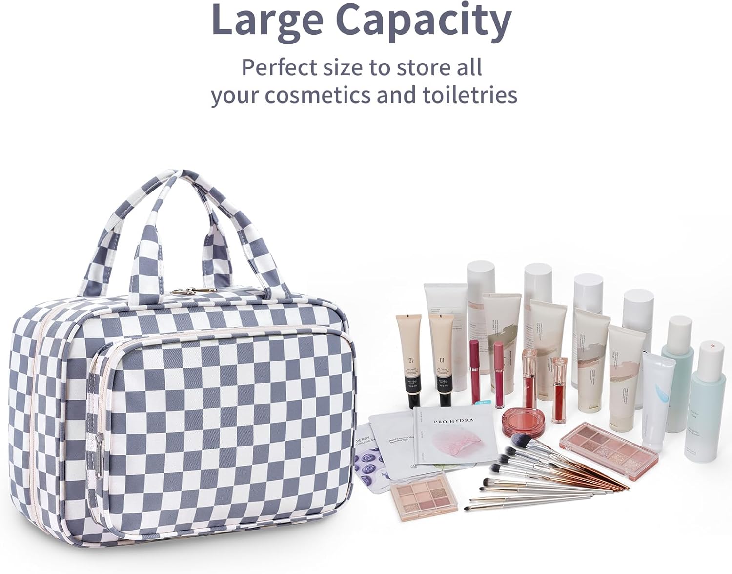 Narwey Travel Toiletry Bag for Women Large Hanging Makeup Bag Organizer Toiletries Bag for Full Size Essentials Accessories Cosmetics (Grayish Blue Checkerboard (Large))