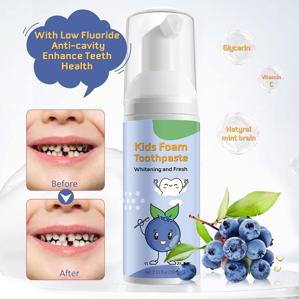 Foam Toothpaste Kids,Toddler Toothpaste with Low Fluoride & Natural Formula to Reduce Plaque, Kids Toothpaste for U Shaped Toothbrush for Children Ages 3 Plus (120 ML, Watermelon & Blueberry)