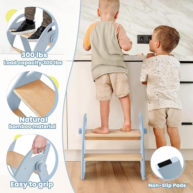Wooden Step Stool, Two Step Stools, 300 lb. Load Capacity, with Safety Non-Slip Pads and Handles, Bamboo Step Stool for Bathroom and Kitchen, Children's Christmas Gift（Blue）