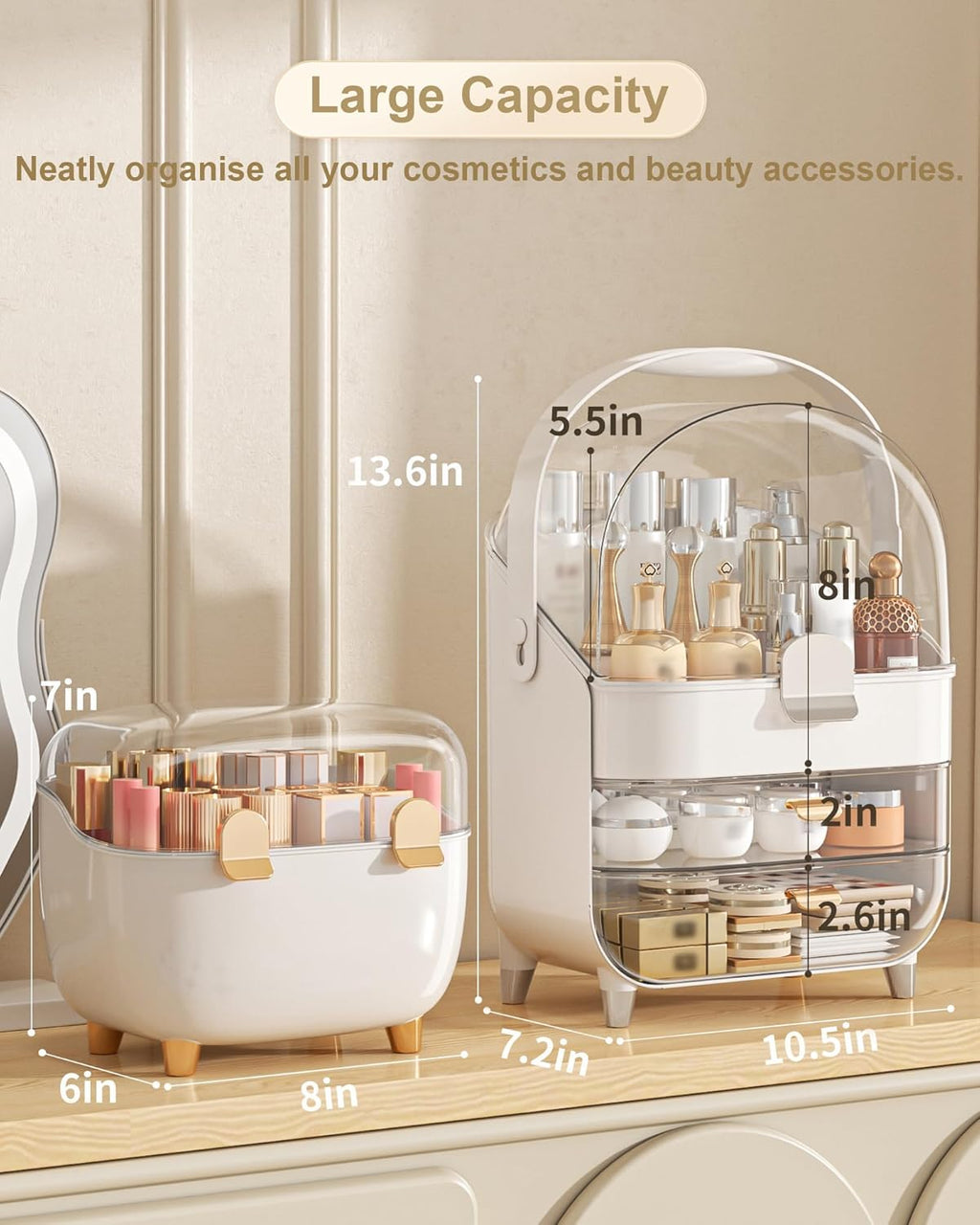 Makeup Organizer with Lipstick Holder, Skincare Organizers Storage Box Cosmetic Display Cases, Teen Girl Gifts Make up Organizers for Vanity, Dresser, Countertop, Bathroom(Silver)