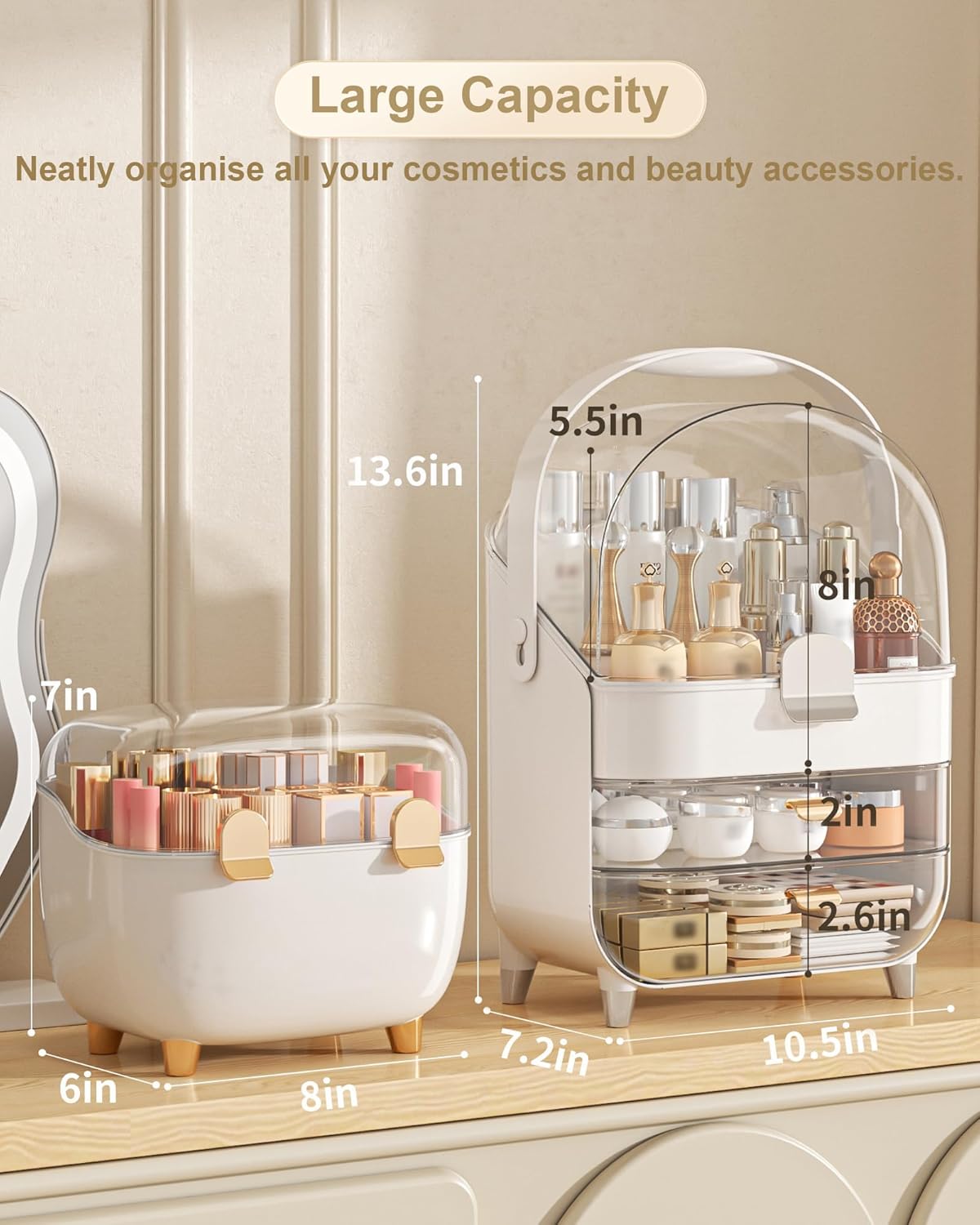 Makeup Organizer with Lipstick Holder, Skincare Organizers Storage Box Cosmetic Display Cases, Teen Girl Gifts Make up Organizers for Vanity, Dresser, Countertop, Bathroom(Silver)