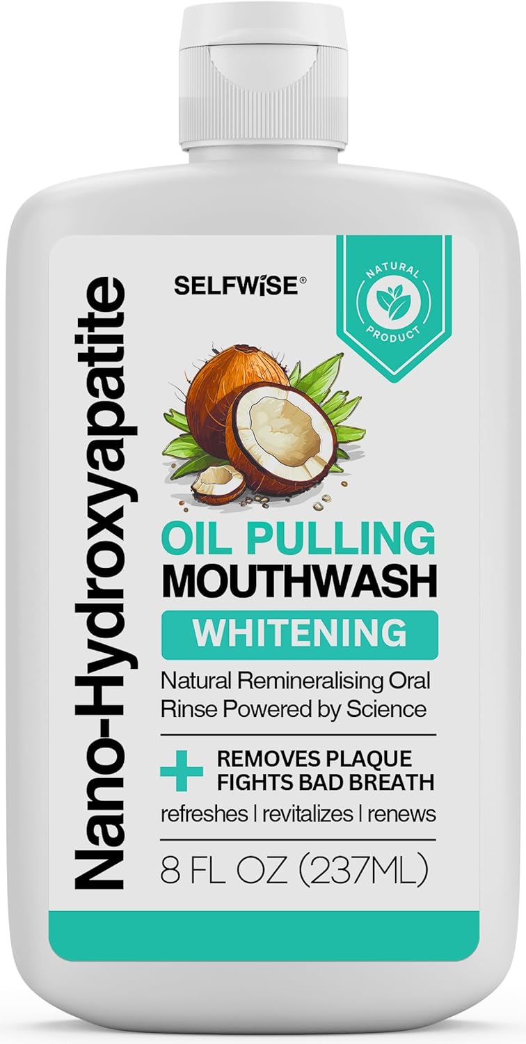 Nano-Hydroxyapatite Oil Pulling Whitening Mouthwash for Teeth and Gums, Natural & Organic, Whitens Teeth, Strengthens Enamel, Fights Bad Breath & Plaque – Smooth & Non-Greasy – for Adults & Kids