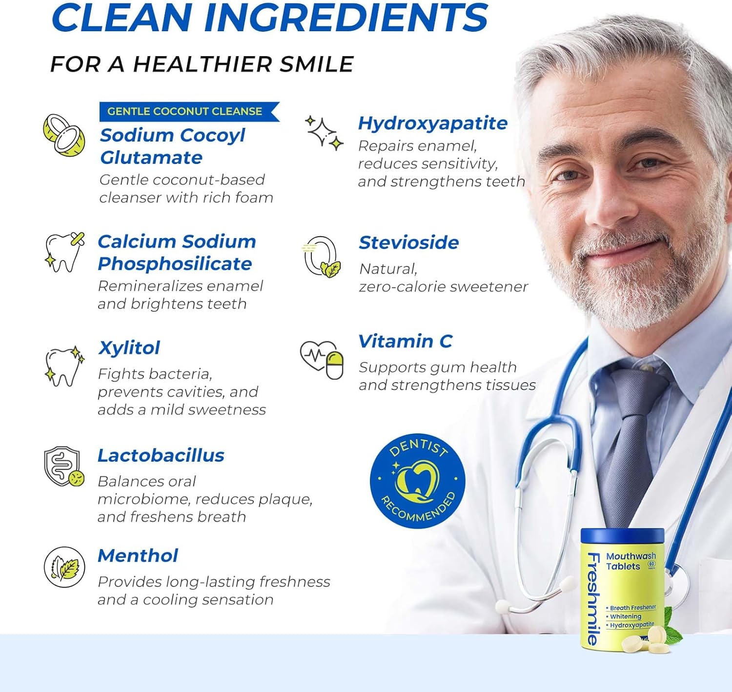 Travel Mouthwash Tablets for Smokers - Fluoride & Alcohol-Free, Xylitol & Nano-Hydroxyapatite (NHA) for Bad Breath Treatment & Natural Whitening, Mint Flavor (60 Count)