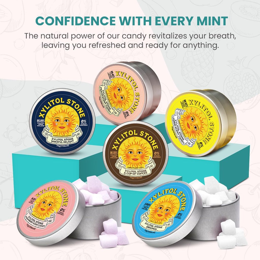 Xylitol Stone Sugar Free Candy - Vegan & Keto Friendly Unique Hard Candy - 100% Natural Flavor Candies - Gluten Free & Non-GMO Breath Freshener Low Calorie Mints - Pack of 6 Variety Pack