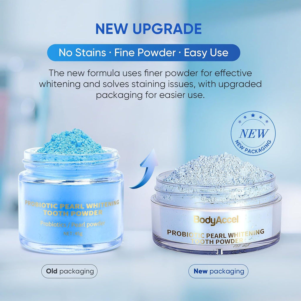 BodyAccel Teeth Whitening Powder Upgraded– Probiotic Pearl Whitening Tooth Powder, Fluoride-Free Toothpaste for Coffee & Tea Stain Removal, 360° Clean Teeth, Fresh Breath