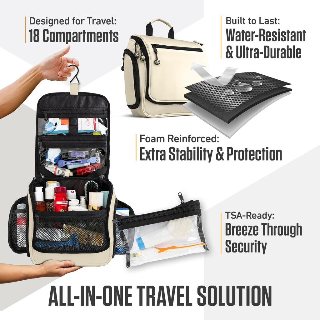 VENTURE 4TH Hanging Travel Toiletry Bag for Women & Men - Travel Organizer with Expandable Compartments & Removable Clear Pouch for Toiletries (Beige)