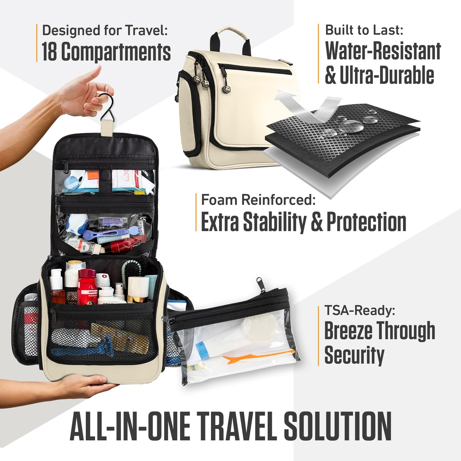 VENTURE 4TH Hanging Travel Toiletry Bag for Women & Men - Travel Organizer with Expandable Compartments & Removable Clear Pouch for Toiletries (Beige)