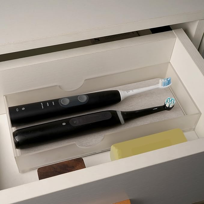 Electric Toothbrush Holder with Diatomite Drying Stone, Bathroom Drawer Organizer with Drainage Hole for Toothbrush Tray, Acrylic Drawer Organizer Bins for Toothbrush, Toothpaste (Frosted Large)