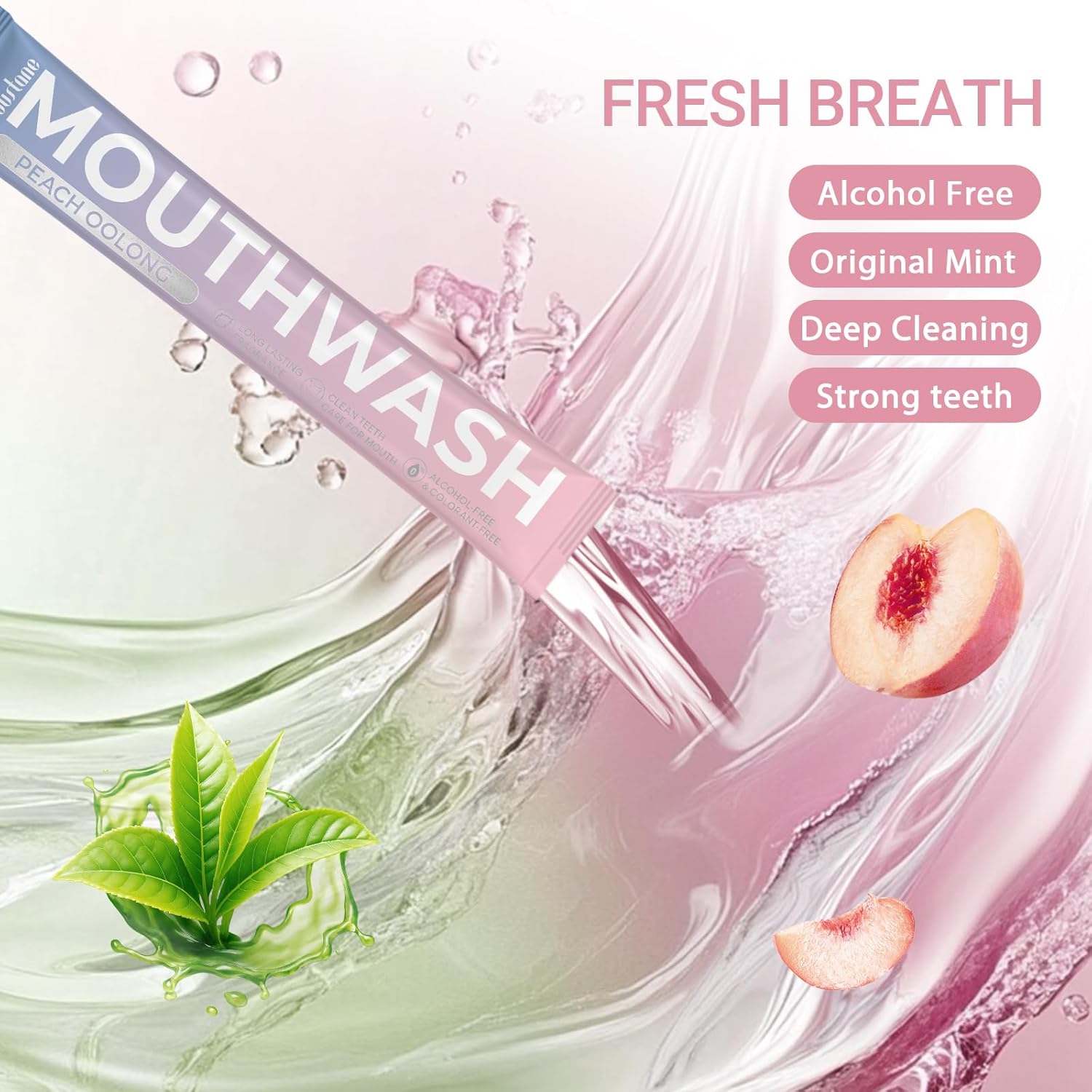 Protable Mouthwash Packets for Travel, Peach Oolong-Tea Flavor, Alcohol-Free, Non-Burning, 15ml/pcs 30 Single Use, TSA Approved for On-The-Go Fresh Breath, Perfect for Work, Gym& Date