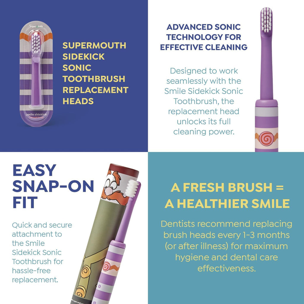 SuperMouth® Dr. H.O.S.S. Smile Sidekick Toothbrush Replacement Brush Heads - Ultra Soft Bristles for Ages 6+ - Gently Cleans & Polishes Teeth with Sonic Vibrations – Fits Sidekick Dr. Hoss Smile brush