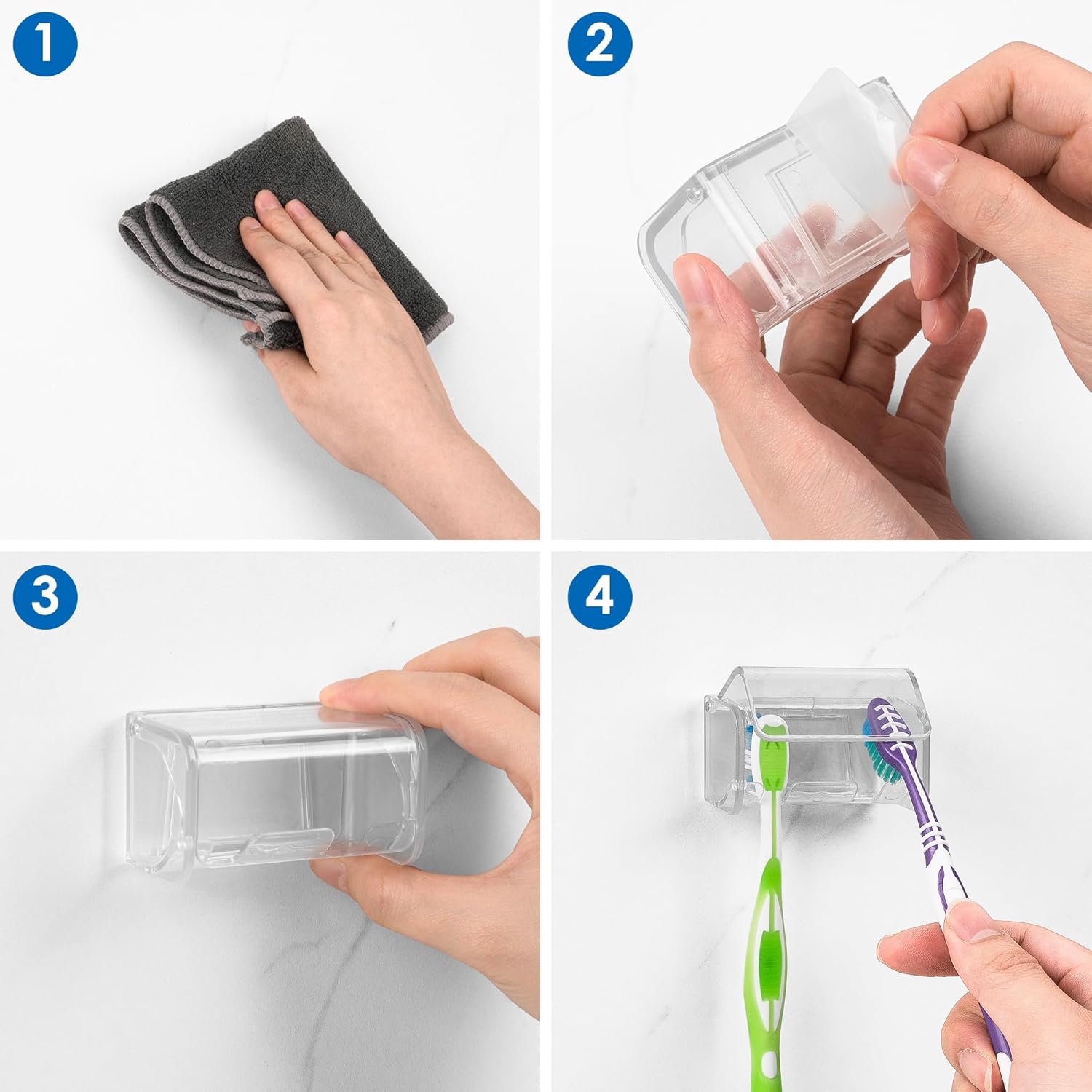 2 PCS Toothbrush Holder Wall Mounted with Cover for Bathroom, 2 Slots Toothbrush Storage Organizer for Shower, Self Adhesive Toothbrush Hanger Rack for Dorm, Cabinet (Clear)