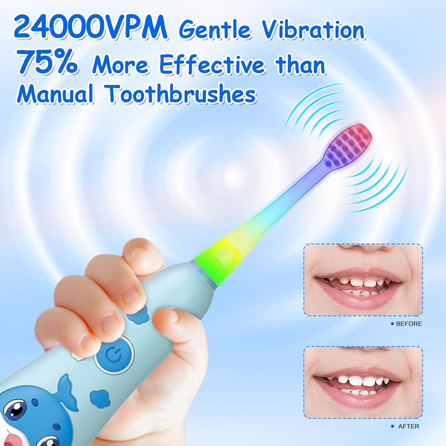 teeteck Electric Toothbrush for Kids - Toddler Electric Toothbrush with Magnetic Charging, Includes 2 Brush Heads, Magnetic USB Charging Cable for Ages 1-6 Boys Girls (Blue)