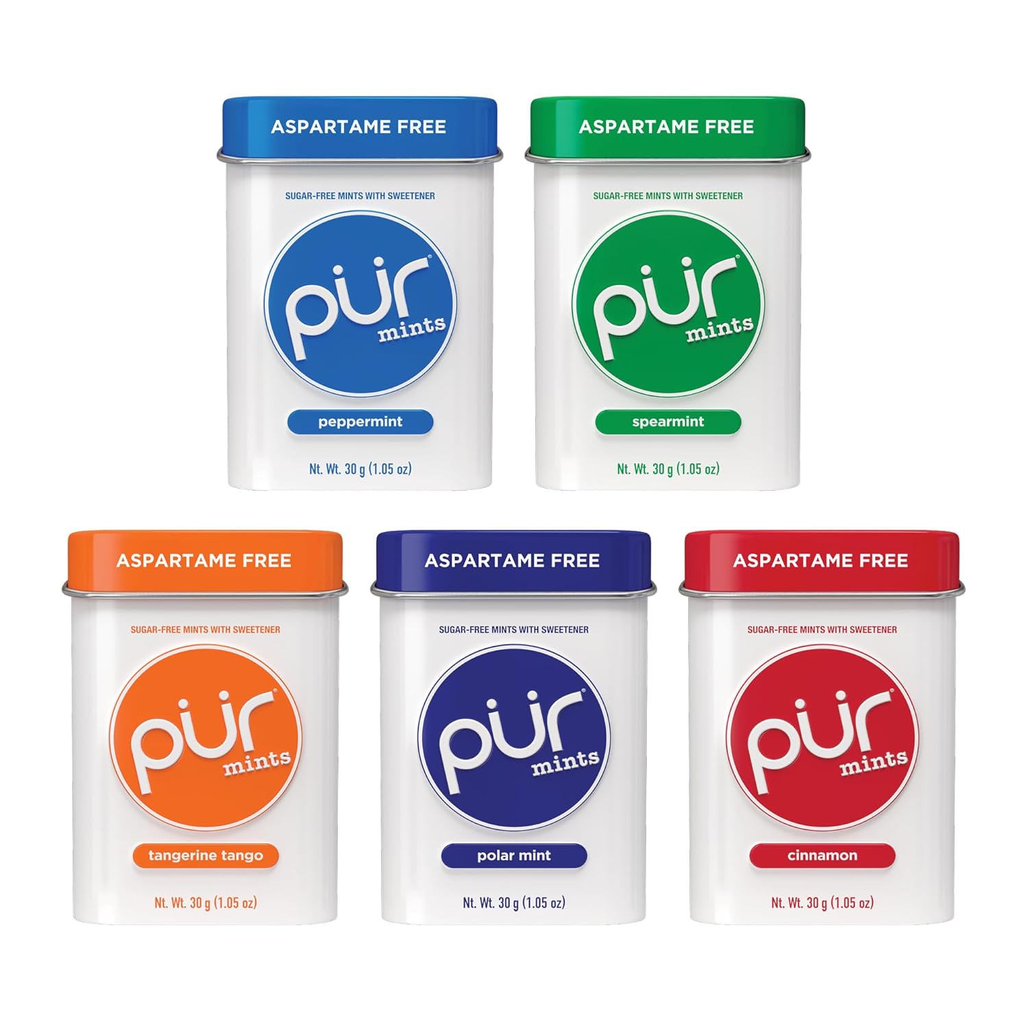 PUR Mints | Aspartame Free Mints | Made with Xylitol | Sugar Free, Vegan, Gluten Free & Keto Friendly | Natural Flavored Mints, Variety Pack, 30 Pieces (Pack of 5)
