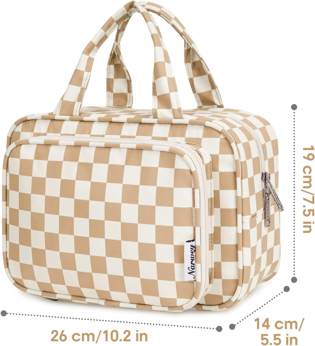 Narwey Large Travel Toiletry Bag for Traveling Women, Cosmetic Makeup Bag Make Up Organizer, Checkered Travel Bag for Toiletries with Handle (Light Checkerboard)