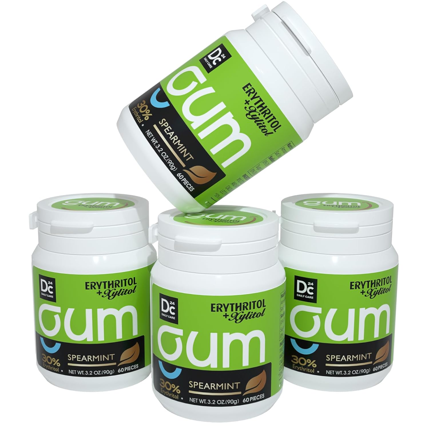 DC24 DAILY CARE Xylitol Chewing Gum with Erythritol, Aspartame Free & Sugar Free Gum, Low-Calorie, Sugarless, Long Lasting Spearmint, 60-Piece Pack, 4 Packs