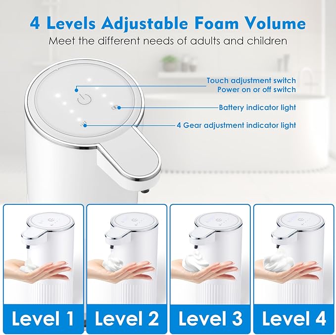 2 Pack Automatic Soap Dispenser Touchless, Rechargeable Foaming Hand Soap Dispenser, 4-Level Adjustable Foam for Bathroom Countertop, Electric (White)