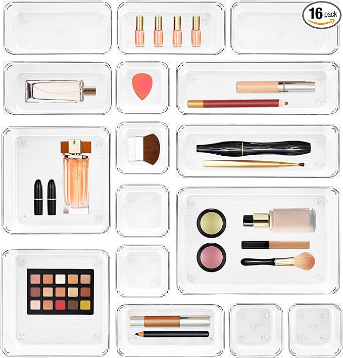 Ravinte 16 PCS Drawer Organizer Plastic Storage Bins, 5 - Size Kitchen Drawer Organizer with Non-Slip Pads Clear Desk Storage Tray for Makeup, Jewelries, Kitchen Utensils and Office