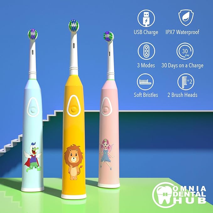 1 PC Rotating Kids Electric Toothbrush with 2 Brush Heads IPX7 by Omnia ONE | 3 Modes, Rechargeable 30 Days Battery Life, IPX7 Waterproof, USB Charger & Block Included, Fun & Effective Oral Care