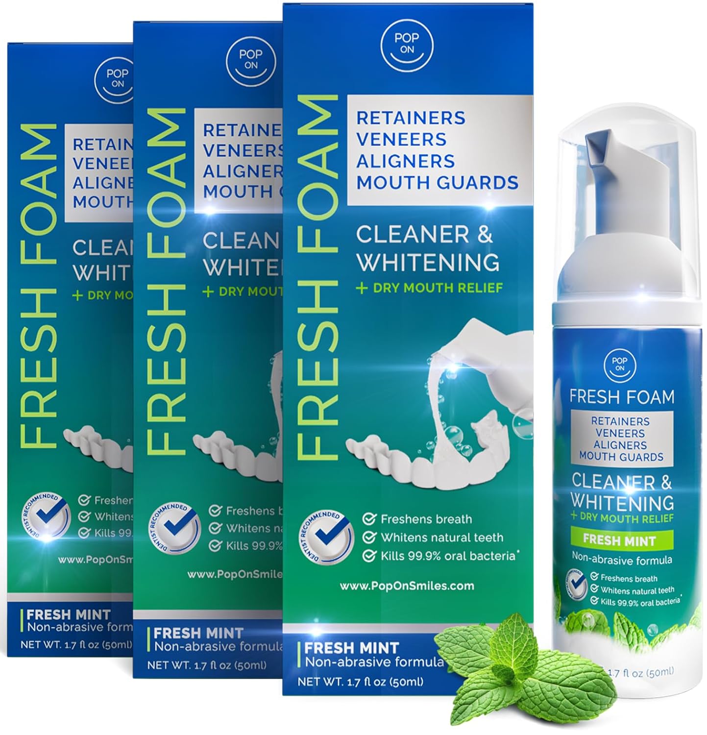 Aligner & Retainer Cleaner Fresh Foam – Dry Mouth Relief, Compatible with All Clear Aligners, Retainers, Mouth Guards, Night Guards, Veneers, Whitens, Freshens, 3% Hydrogen Peroxide, Mint - 50ml 3pcs