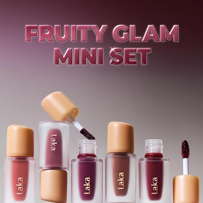 Laka Fruity Glam Tint Mini Set, 5pc Lip Tint Gift Set for Women, Hydrating & Glowy Finish, Lightweight & Transfer-proof Stain, Perfect Holiday Stocking Stuffers, K-Beauty