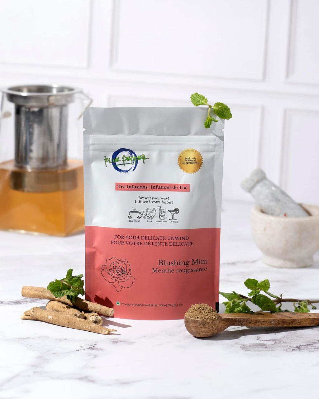 Blue Pepper Mint Tea Infusion | Refreshing Mint Blend with Rose Petals, Coriander, Licorice Root & Amla | Caffeine-Free Natural Beverage