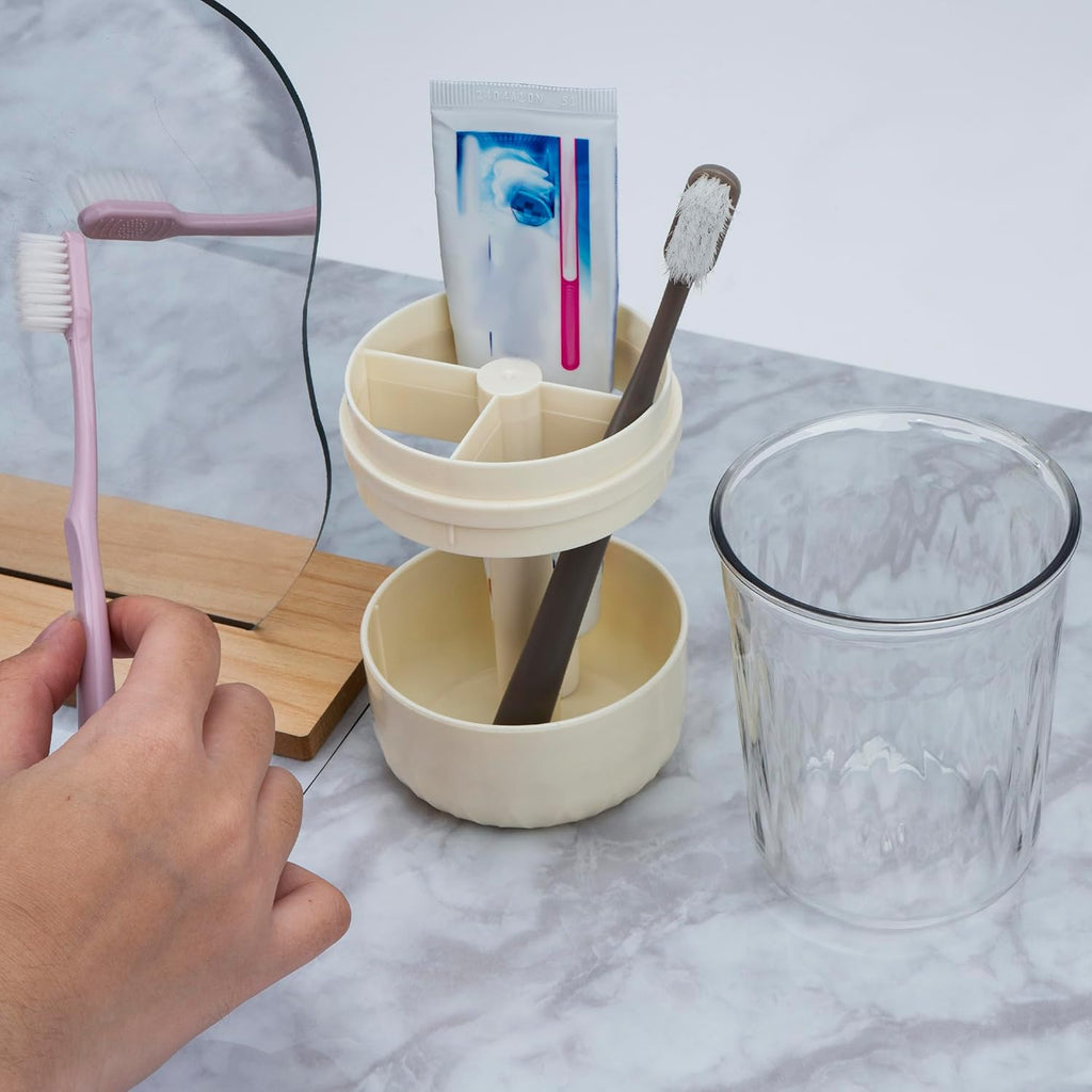 Toothbrush Holder Stand with Cup/Cover, Adjustable Height Toothbrush Organizer with 3 Slots, Portable for Bathroom, Travel, Camping (White)
