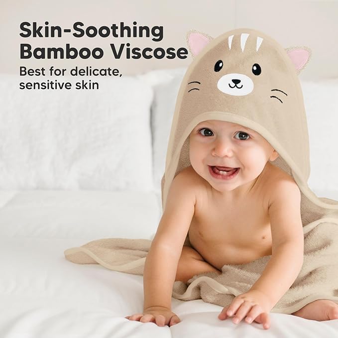 KeaBabies Hooded Baby Towel for Newborn - Viscose Derived from Bamboo Large Baby Bath Towels with Hood for Boys, Girls, Toddler, Extra Absorbent & Soft Newborn Bath Essentials (Cat, Regular)