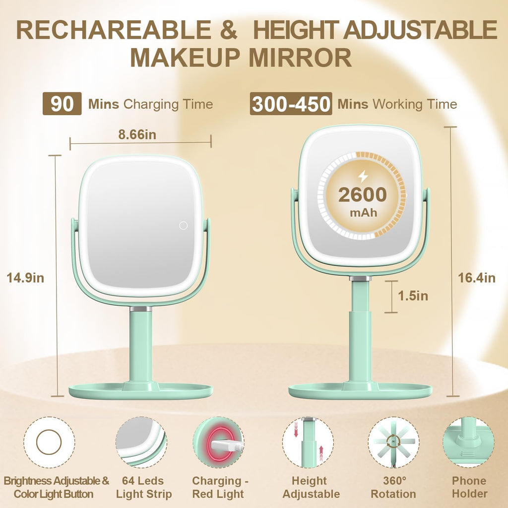 Mocado Makeup Mirror with Lights, 1X/20X Magnifying Mirror with Light, Vanity Mirror with 3 Colors Lights, Height Adjustable Lighted Makeup Mirror, Double Sided 360°Rotation, Memory Function (Green)