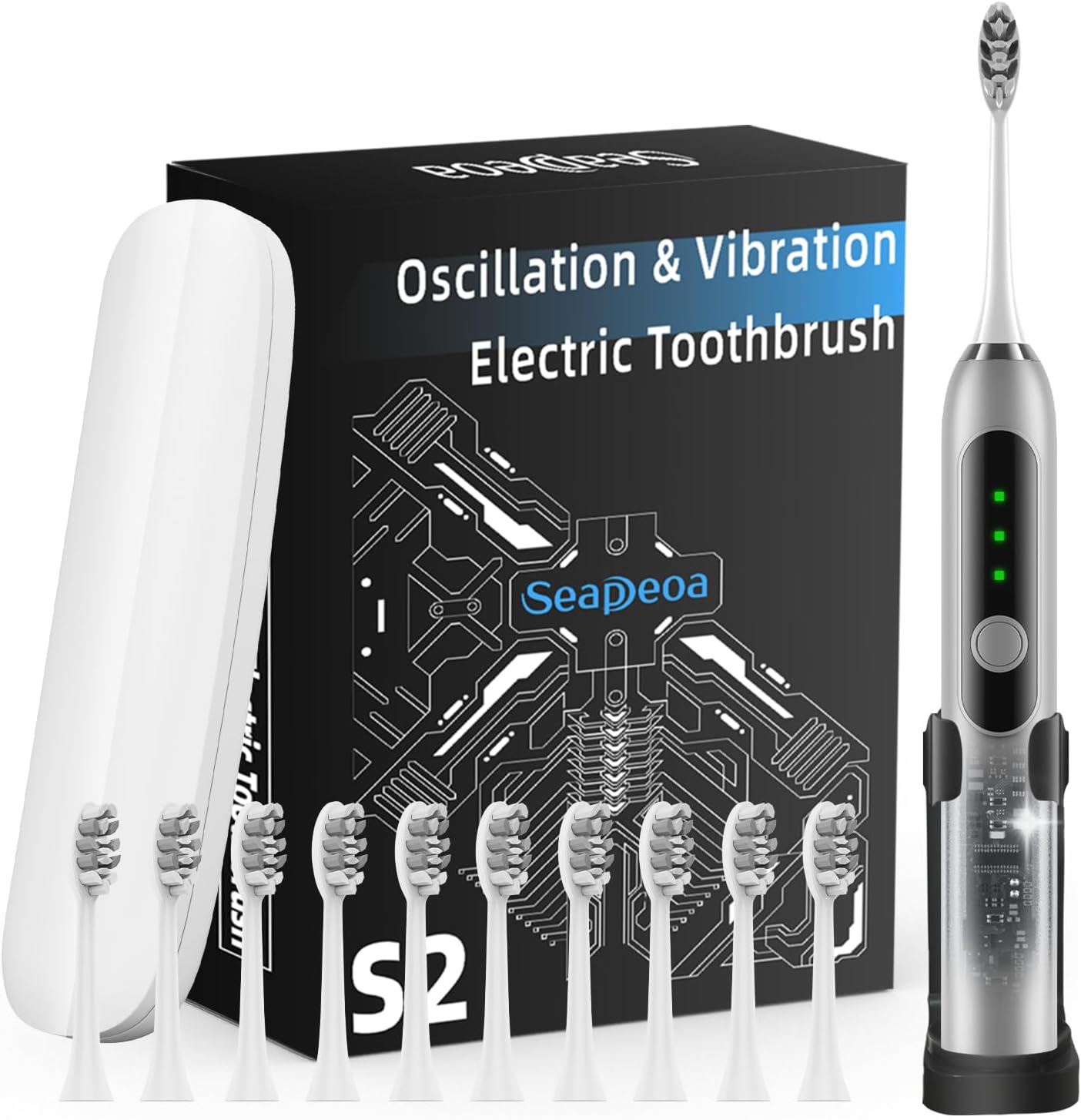 Adult Sonic Electric Toothbrush with 10 Brush Heads, Travel case, and Wall Bracket, Suitable for Both Adults and Children, IPX8 Waterproof, USB Charging, 42000VPM, Silver