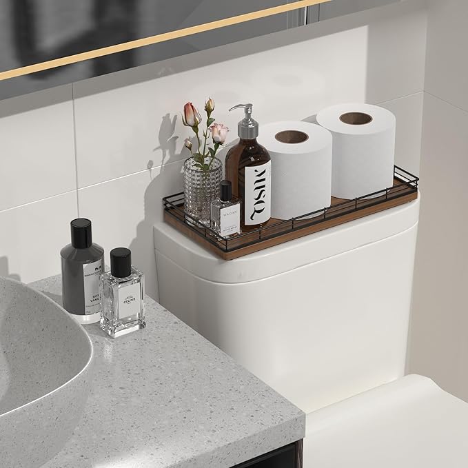 Oak Bathroom Toilet Tank Tray, 13" Wood Back of Toilet Paper Storage Tank Topper Basket, Vanity Tray for Perfume Makeup Candle Toiletry Organizer for Kitchen Coffee Table Walnut Tray Decor