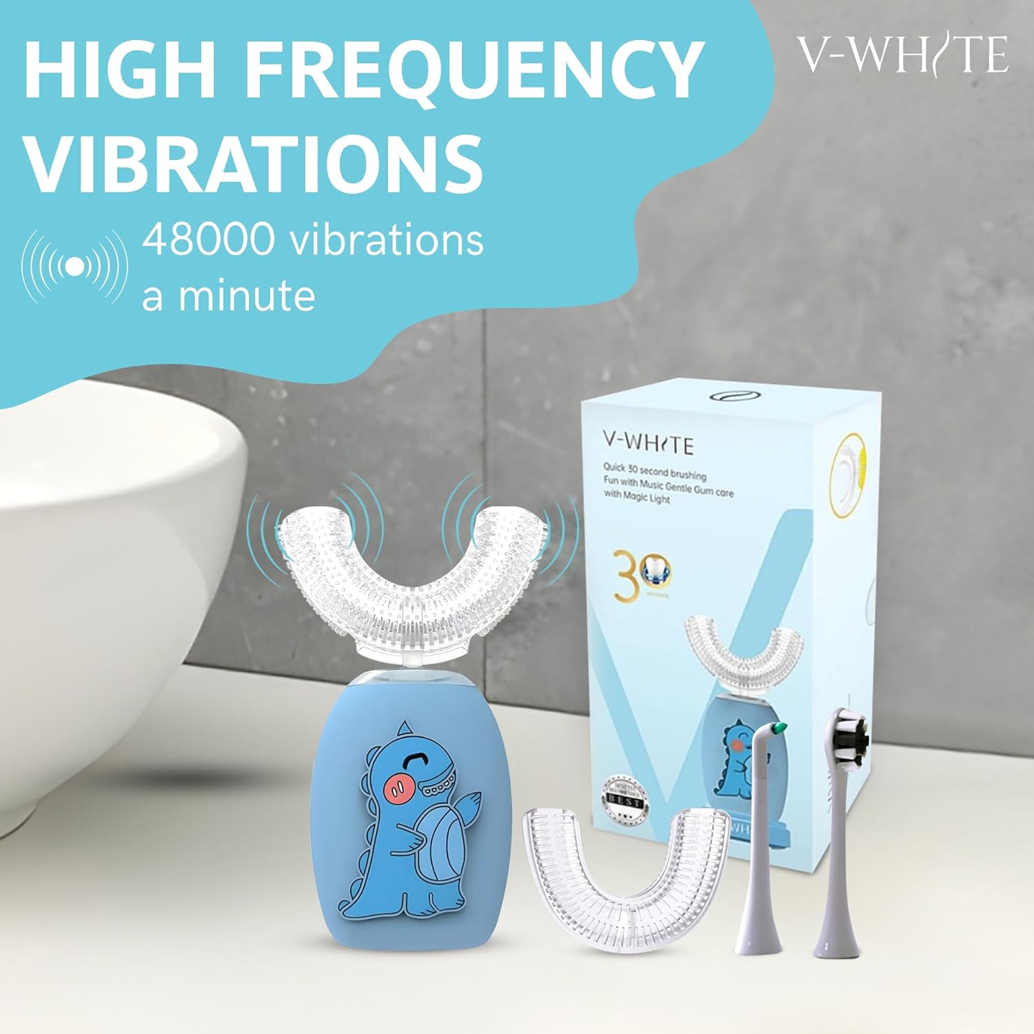 V-WHITE Electric Toothbrush Kids- Ultrasonic U-Shaped Toothbrushes for Teeth Whitening - 360° Mouth Cleansing, Hands Free Gums Protection - Wireless Charging & LED Light - Waterproof IPX7 Certified