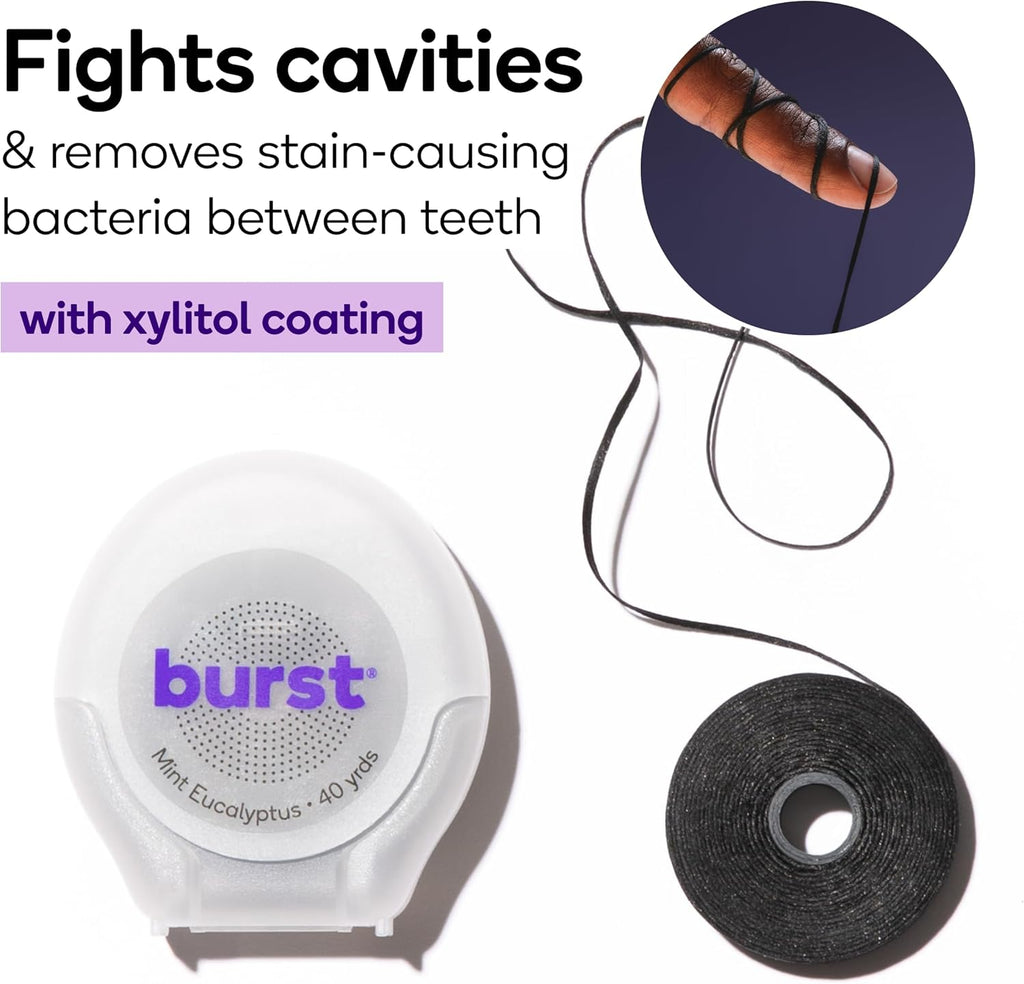 Burst Expanding Dental Floss (Mint Eucalyptus/80 Yards) | Stain Absorbing & Woven Tooth Floss with Xylitol Coating to Fight Cavities | Vegan | Paraben Free Expanding Floss